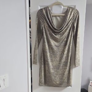 Vince Camuto Metallic Gold Cowl Neck Long Sleeve Dress